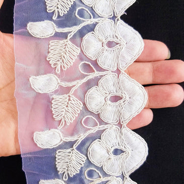 White Tissue Fabric Trim With Embroidered Flowers, One Yard Lace Trims,